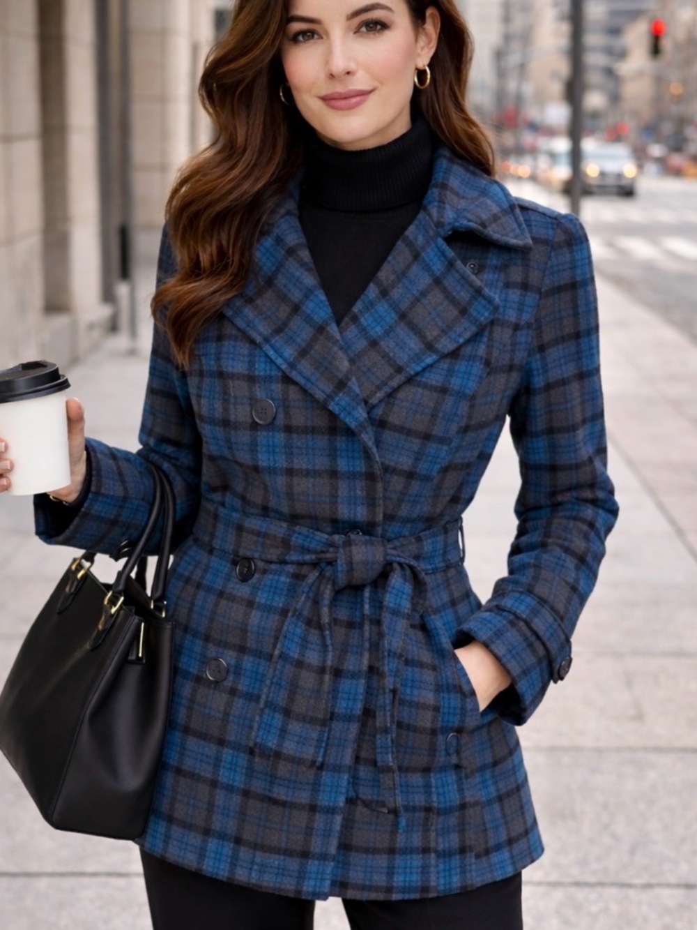 Jou Jou Blue/Teal & Gray Plaid Belted‎ Peacoat – Women’s Size M